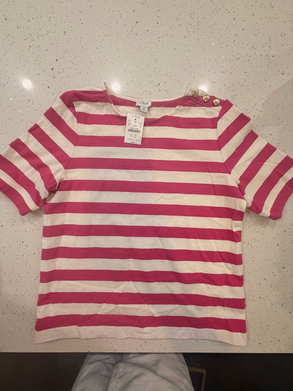 J. Crew Pink and White Striped Short Sleeve Tee with Gold Buttons